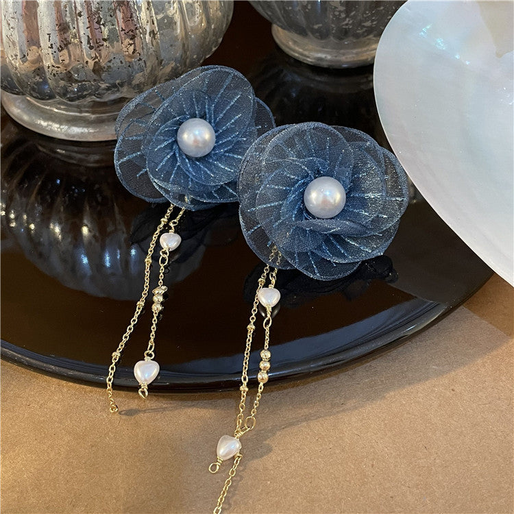 Long Tassel Organza Flower Pearl Earrings