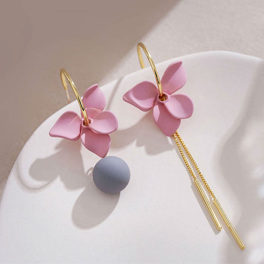 Asymmetric Flower Ball Tassel Earrings