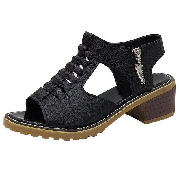 Summer New Mid Heel Sandals Female Fashion Fish Mouth Zipper Thick Heel Sandals