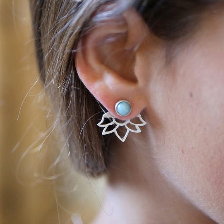 European and American hollow earrings Women's alloy smooth gemstone studs cross-border trend flower earrings