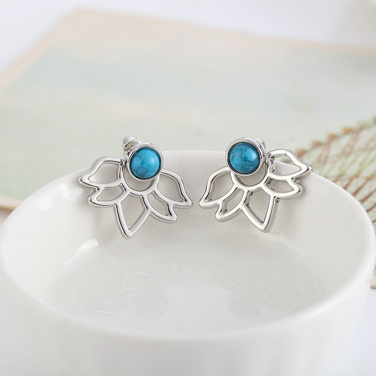 European and American hollow earrings Women's alloy smooth gemstone studs cross-border trend flower earrings