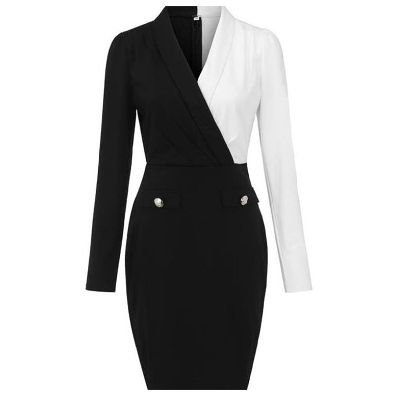 Long Sleeve Black And White Stitching Suit Hip Skirt