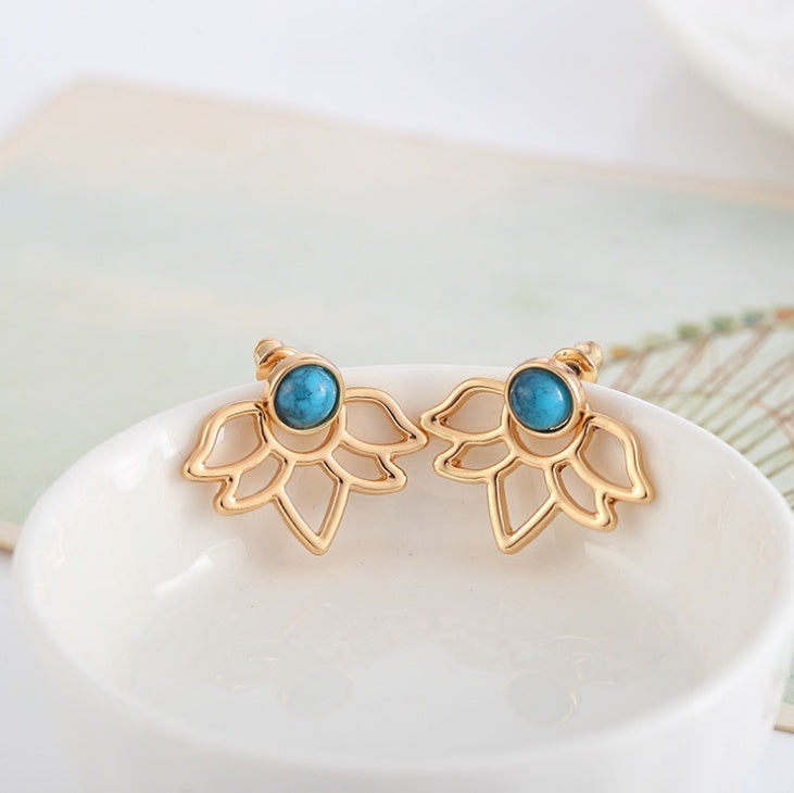 European and American hollow earrings Women's alloy smooth gemstone studs cross-border trend flower earrings