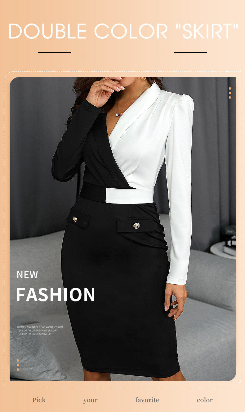 Long Sleeve Black And White Stitching Suit Hip Skirt