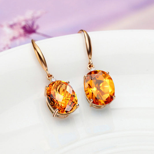 18K Gold Oval Earrings Colored Gems, Champagne Jewelry