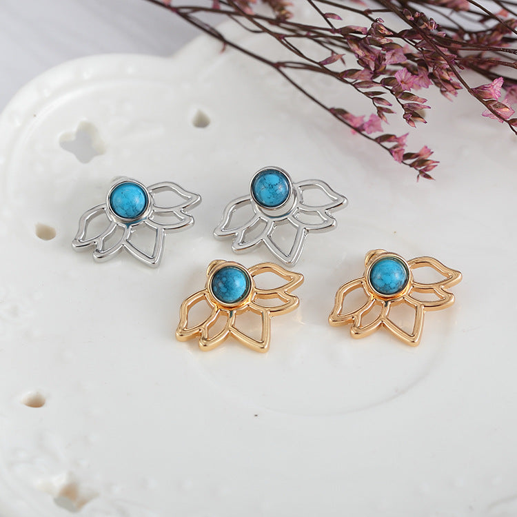 European and American hollow earrings Women's alloy smooth gemstone studs cross-border trend flower earrings