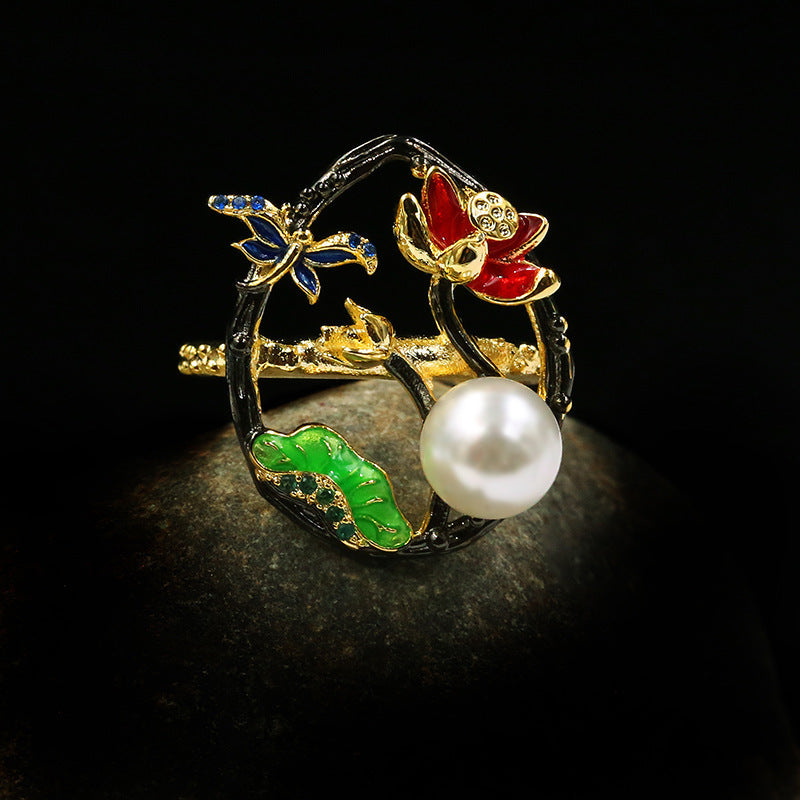 Vintage Natural Gemstone Onyx Zircon Carved Ring