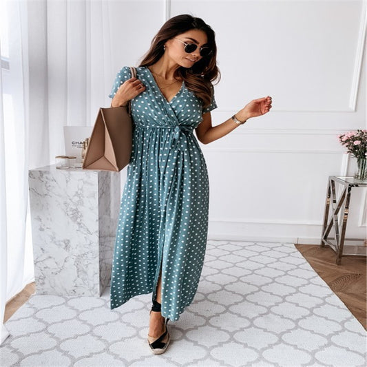 V-neck Bohemian Polka Dot Print Dress Long Skirt