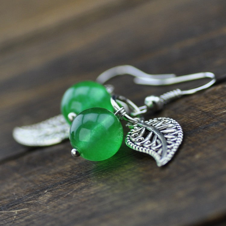 Retro National Style Crystal Green Agate Miao Silver Leaf-shaped Earring