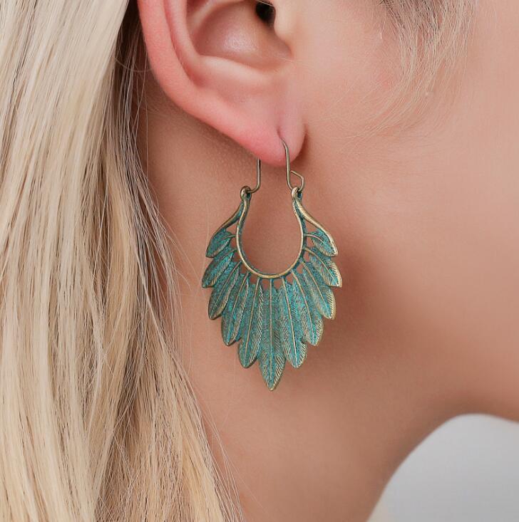 Gold Long Leaves Pendant Earrings