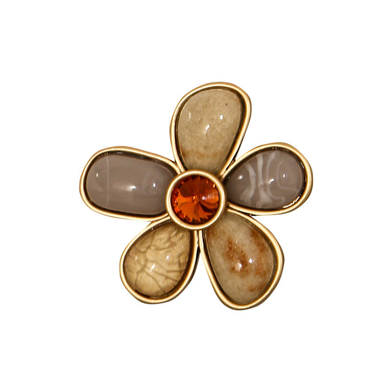 Vintage Natural Stone Adjustable Five-petal Flower Ring