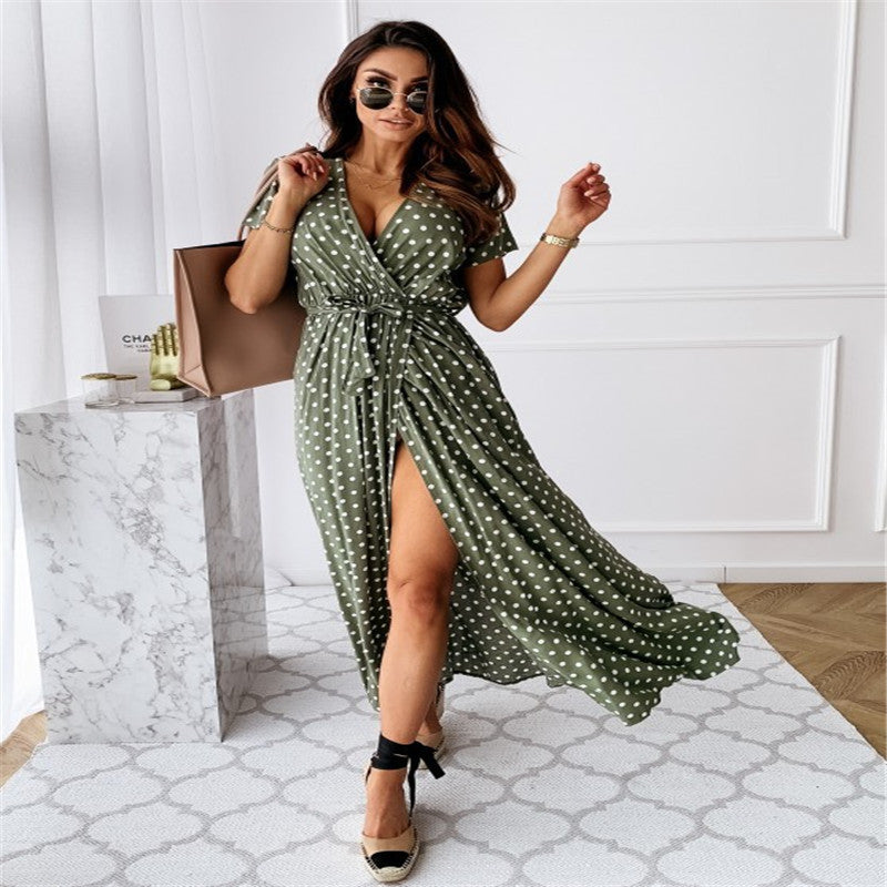 V-neck Bohemian Polka Dot Print Dress Long Skirt