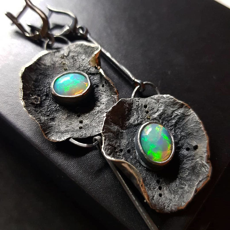 Antique Metal Inlaid Opal Earrings