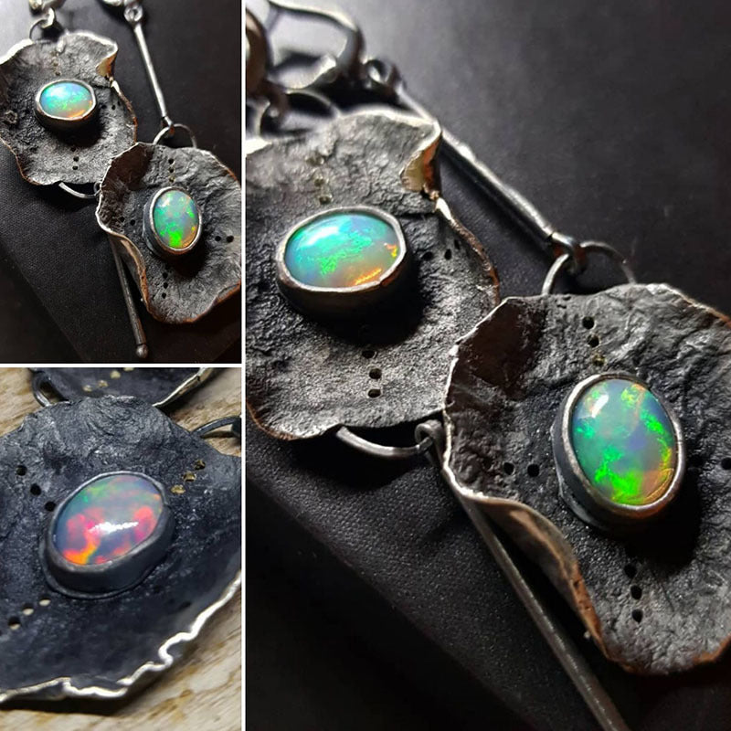 Antique Metal Inlaid Opal Earrings