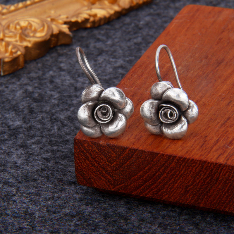 S925 Sterling Silver Vintage Distressed Handmade Silver Vintage Distressed Flower Earrings For Women