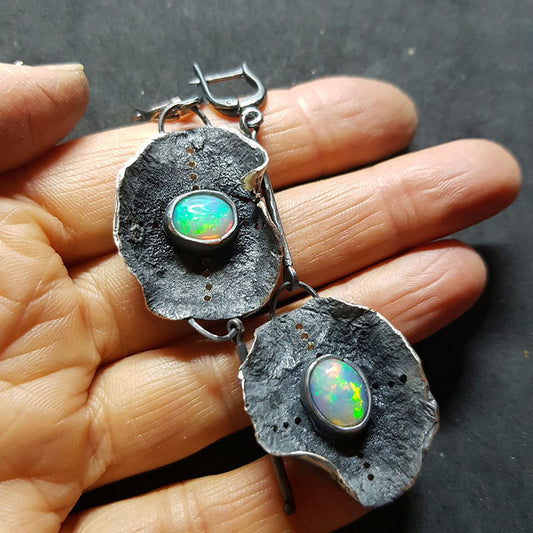 Antique Metal Inlaid Opal Earrings