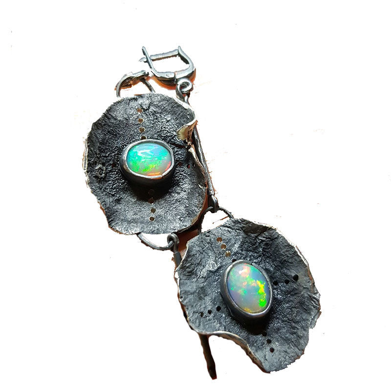 Antique Metal Inlaid Opal Earrings