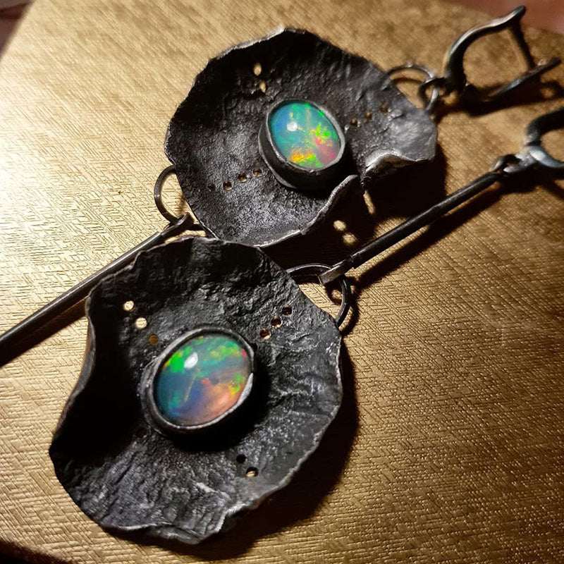 Antique Metal Inlaid Opal Earrings