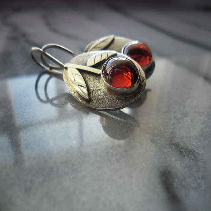 Carved Floral Green Leaf Earrings With Red Gemstones