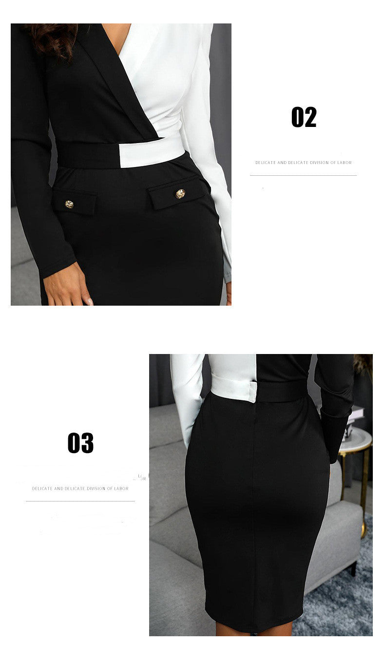 Long Sleeve Black And White Stitching Suit Hip Skirt