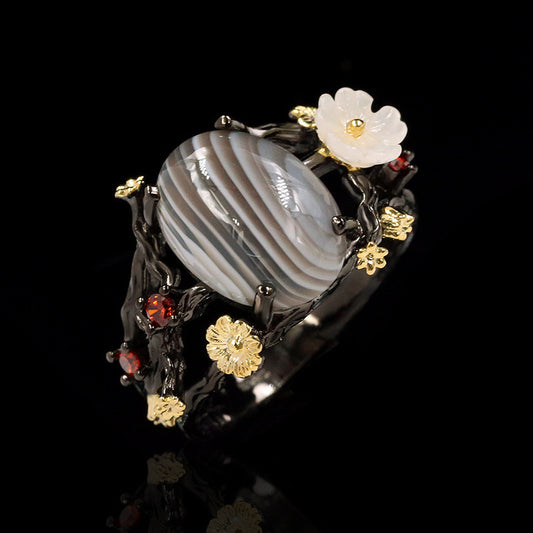 Vintage Natural Gemstone Onyx Zircon Carved Ring