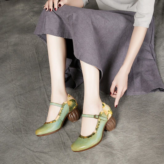 Horseshoe heel round toe leather women's shoes