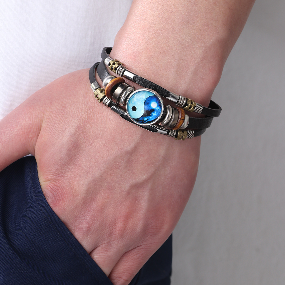 Amazon Cross Border Leather Bracelet Vintage Taiji Glass Buckle Detachable Bracelet Stylish Adjustable Bracelet