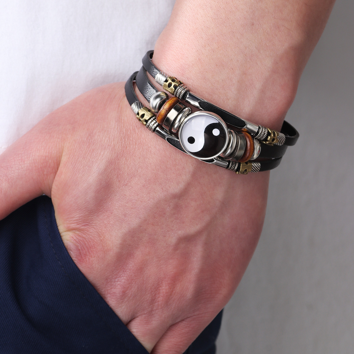Amazon Cross Border Leather Bracelet Vintage Taiji Glass Buckle Detachable Bracelet Stylish Adjustable Bracelet - Image 2