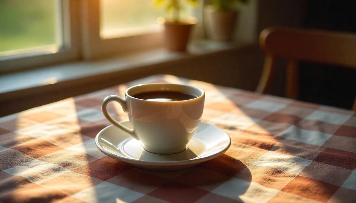 Cup of coffee on a table in morning sunlight
